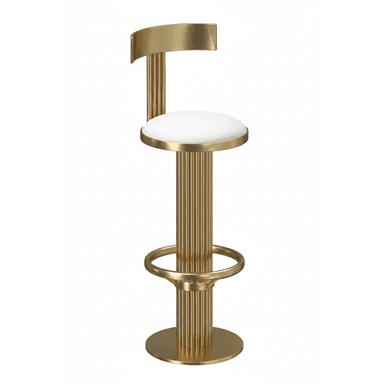 A glam gold-toned bar stool featuring a fluted central column and a flat circular base. It has a round white upholstered seat and a curved metal backrest, with an integrated circular footrest. — 3D model (AI enhanced source)