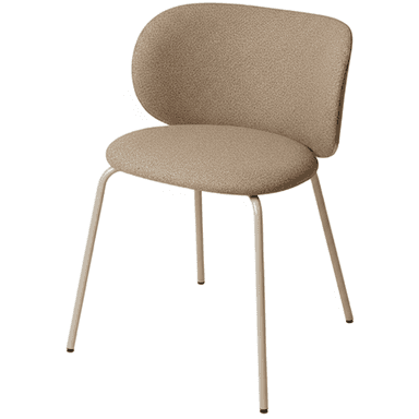 A modern dining chair with a rounded backrest and a cushioned seat, supported by four slender, tapered legs. The upholstery has a textured, speckled pattern. — 3D model (AI enhanced source)