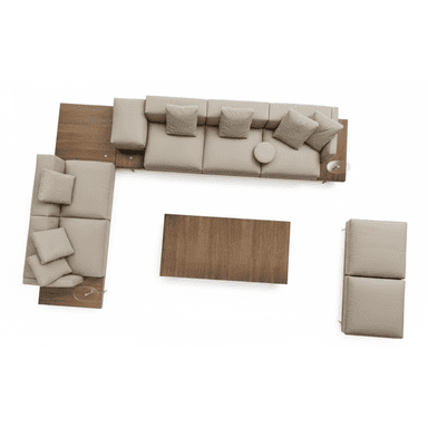 A large, contemporary modular sectional sofa arrangement in a light beige/grey upholstery, featuring integrated dark wood surfaces acting as side tables. The configuration includes multiple seating modules forming an L-shape, accompanied by a separate rectangular wooden coffee table and two additional square upholstered modules, likely ottomans or single seats. The overall aesthetic is clean, minimalist, and functional. — 3D model (AI enhanced source)
