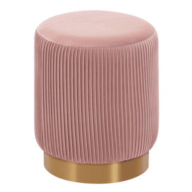 A cylindrical ottoman featuring a plush, smooth pink velvet top cushion. The body is upholstered in matching pink velvet, meticulously pleated vertically around its circumference, creating a textured and elegant appearance. The ottoman rests on a low, cylindrical base crafted from polished brass or a brass-finished metal, providing a striking contrast in material and color. The overall design suggests a blend of contemporary and glam aesthetics. — 3D model (AI enhanced source)