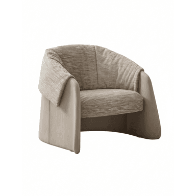 A contemporary lounge chair featuring a two-tone upholstery design, with a smooth, light beige outer shell forming wide, curved armrests and base, and a contrasting textured light brown fabric on the deep seat cushion and draped backrest. The chair has a substantial, low-profile silhouette with soft, rounded lines. — 3D model (AI enhanced source)