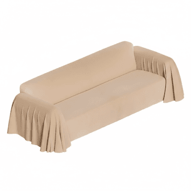A minimalist two to three-seater sofa characterized by a soft, draped fabric cover in a light beige or ecru color. The design features a continuous seat cushion, a gently sloped backrest, and arms defined by the fabric's natural fall, creating a fluid and contemporary aesthetic. — 3D model (AI enhanced source)
