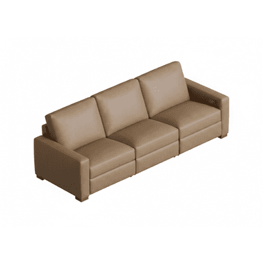 A modern three-seater sofa upholstered in a light tan or beige leather-like material. It features three individual seat and back cushions, block arms, and short, rectangular wooden feet. The design is sleek and contemporary, with the rightmost seat appearing to have reclining functionality indicated by a control panel on the inner arm. — 3D model (AI enhanced source)