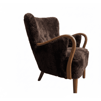 A mid-century modern armchair upholstered in dark brown, shaggy sheepskin or faux fur. It features curved wooden armrests and legs, with a tufted backrest. The chair has a wingback silhouette and tapered legs. — 3D model (AI enhanced source)