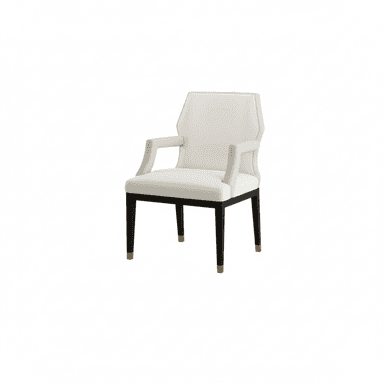 A contemporary armchair with a white upholstered seat, backrest, and armrests. The frame has dark legs with gold-colored accents at the base. The armrests exhibit a textured fabric. — 3D model (AI enhanced source)
