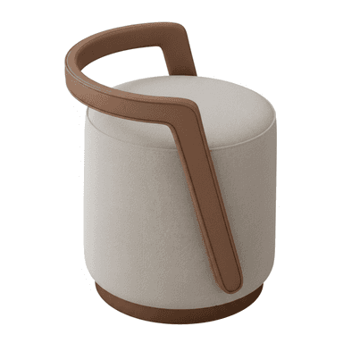 A contemporary cylindrical upholstered stool featuring a distinctive U-shaped brown leather handle that doubles as a low backrest. The main body is covered in a light beige textured fabric, and it rests on a dark brown circular base. — 3D model (AI enhanced source)