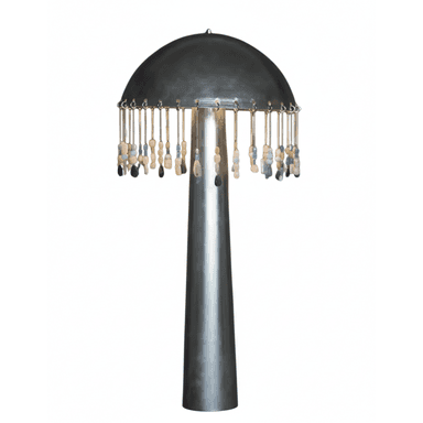 A tall floor lamp with a conical metallic base and stem, topped by a dome-shaped metallic shade featuring a decorative fringe of multiple chains adorned with various colored, irregularly shaped beads. — 3D model (AI enhanced source)