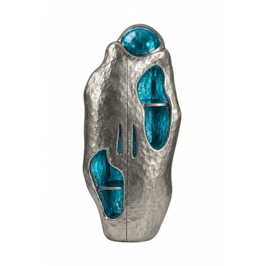 A unique, sculptural bar cabinet with a hammered silver-toned metal exterior and biomorphic blue interior compartments. The cabinet features a distinctive organic shape, appearing to be composed of two asymmetrical halves that meet in the center. The exterior surface has a roughly textured, hammered finish, while the interior reveals smooth, flowing blue-toned recesses, some of which contain integrated shelves. A prominent spherical element, also in blue, is integrated into the top of the piece. — 3D model (AI enhanced source)