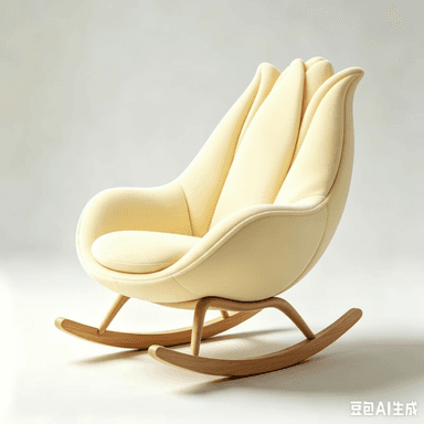 A contemporary rocking chair featuring a unique, sculptural design with a backrest composed of multiple petal-like upholstered segments. The chair is upholstered in a pale yellow fabric and rests on a light-toned wooden rocking base. — 3D model (AI enhanced source)