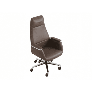 A high-back executive office chair upholstered in brown leatherette, featuring integrated armrests with chrome accents, and a five-star polished chrome swivel base with casters. An embossed logo is visible on the headrest. — 3D model (AI enhanced source)