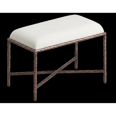 An upholstered bench featuring a sturdy metal frame with a distinctive hammered texture and a comfortable padded seat. — 3D model (AI enhanced source)