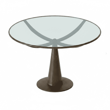A round accent table with a glass top and a metal pedestal base. The base has a conical shape that flares out to a circular foot. Underneath the glass top, there are two curved metal supports that cross each other. — 3D model (AI enhanced source)