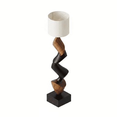 A modern floor lamp featuring a sculptural, twisted base constructed from alternating sections of natural light-toned wood and dark-stained wood. The base rests on a square dark wood plinth, and is topped with a simple cylindrical off-white fabric shade. — 3D model (AI enhanced source)