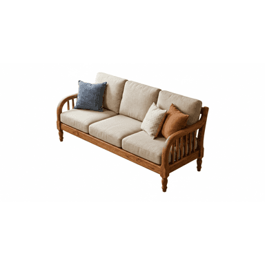 A three-seater sofa featuring a natural light-toned exposed wooden frame, likely teak, with turned legs and slatted back and armrest details. It is fitted with thick, removable light beige upholstered seat and back cushions, and accessorized with three decorative throw pillows in blue, cream, and rust colors. — 3D model (AI enhanced source)