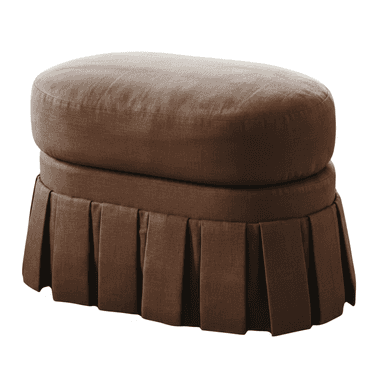 An oval-shaped, upholstered ottoman featuring a generously padded top cushion and a pleated fabric skirt that conceals its base. The upholstery is a textured brown fabric, likely a linen or cotton blend, presenting a soft, inviting aesthetic. — 3D model (AI enhanced source)