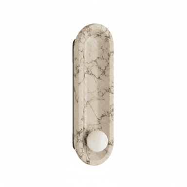 An elongated, capsule-shaped wall sconce made from light-colored marble with prominent grey veining, featuring a single spherical opal glass diffuser positioned towards the lower end. The design is modern and minimalist. — 3D model (AI enhanced source)