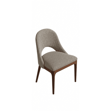 A contemporary dining chair featuring a light gray upholstered seat and a distinctive curved backrest with a central cut-out, all supported by a dark stained wooden frame with four tapered legs. — 3D model (AI enhanced source)