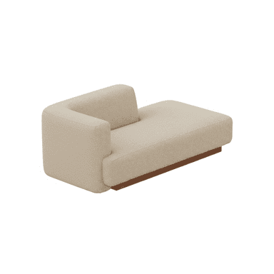 A modern upholstered chaise lounge featuring a single integrated left armrest and a low-profile design. The piece is covered in a textured light beige fabric and rests on a recessed wooden plinth base. — 3D model (AI enhanced source)