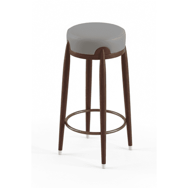 A modern bar stool with a round, upholstered seat and four tapered wooden legs. A circular metal footrest connects the legs partway down. The seat appears to be made of light gray leather or a similar material, and the frame and legs are constructed from dark wood. The footrest is a brass-toned metal ring, and the feet of the legs have white caps. — 3D model (AI enhanced source)