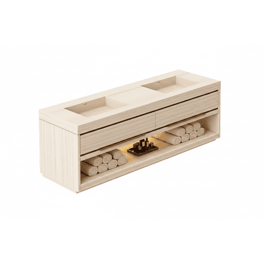 A modern, light wood double bathroom vanity featuring two seamlessly integrated rectangular sinks, two full-width drawers with recessed pull handles, and an open storage shelf beneath. The shelf includes integrated lighting and is styled with rolled towels and decorative accessories. — 3D model (AI enhanced source)