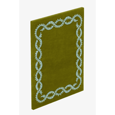 A rectangular decorative panel covered in an olive green fabric, featuring a light blue-green embroidered or woven border pattern around its perimeter. The border design depicts a continuous, intertwined vine or leafy motif. — 3D model (AI enhanced source)