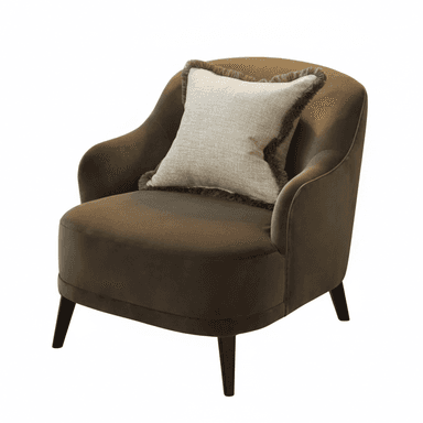 A contemporary tub-style accent chair upholstered in a dark, warm-toned velvet fabric, featuring a rounded backrest and integrated armrests. The chair stands on four dark, tapered wooden legs and includes a light-colored, textured throw pillow with a decorative fringe trim. — 3D model (AI enhanced source)