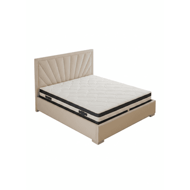 A modern upholstered bed frame featuring a distinctive fan-patterned headboard, paired with a contemporary mattress. The bed frame and headboard are covered in a light, neutral-toned fabric, possibly beige or light grey, with visible stitching defining the fan pleats on the headboard. The mattress has a quilted white top surface and a black and white striped border. The bed frame itself is low-profile and has a simple, rectangular shape, with the mattress sitting directly within its perimeter. — 3D model (AI enhanced source)