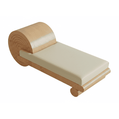 A modern chaise lounge or daybed featuring a minimalist design with a light-toned wooden frame and a cream-colored upholstered cushion. The most striking feature is the large, cylindrical rolled headrest made from bent wood, displaying concentric grain patterns on its ends. The base consists of a low-profile rectangular frame supported by integrated cylindrical wooden legs. — 3D model (AI enhanced source)