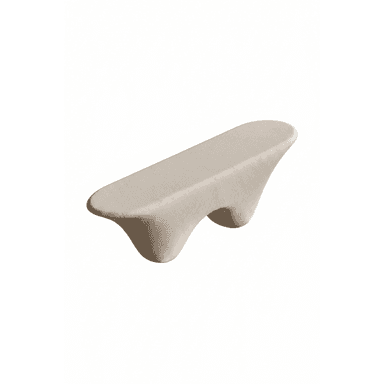A minimalist bench with a fluid, organic shape. It features a long, slightly curved top supported by two sculpted, rounded legs that appear to merge into the base. The design emphasizes smooth transitions and a sense of lightness, with the legs tapering inwards towards the bottom. — 3D model (AI enhanced source)