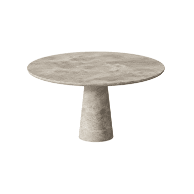 A contemporary round table featuring a monolithic design crafted entirely from a single material, likely natural stone. It has a circular tabletop supported by a single, solid, conical pedestal base, creating a sleek and stable structure. — 3D model (AI enhanced source)