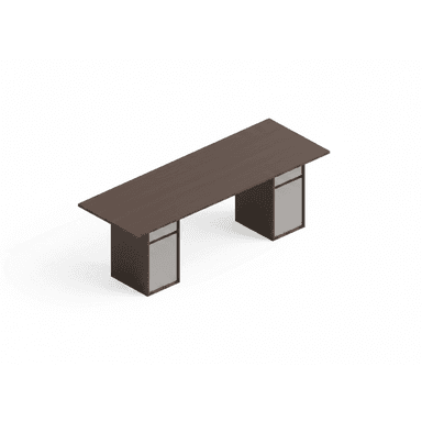 A contemporary desk with a dark brown rectangular tabletop and two cuboid legs. Each leg features a frosted glass panel on one side, creating a modern aesthetic. The desk is presented in an isometric view against a plain white background. — 3D model (AI enhanced source)