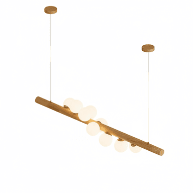 A modern linear pendant light featuring a horizontal wooden bar from which multiple spherical, frosted glass diffusers emanate. The fixture is suspended by two thin wires from circular wooden canopy mounts. The design is minimalist, emphasizing natural materials and soft, diffused illumination. — 3D model (AI enhanced source)