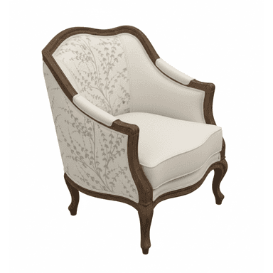An elegant French Provincial style armchair featuring an exposed, dark stained wood frame with ornate carvings and curves. The chair is upholstered in an off-white or cream-colored fabric, with the outer back panel adorned with a subtle grey botanical or floral pattern. It has a plush seat cushion and padded armrests for comfort, supported by gracefully curved cabriole legs. — 3D model (AI enhanced source)