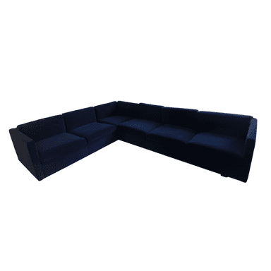 A dark blue, multi-seat sectional sofa with a low profile and blocky arms. It appears to be upholstered in a soft fabric, possibly velvet, and is configured in an L-shape. — 3D model (AI enhanced source)