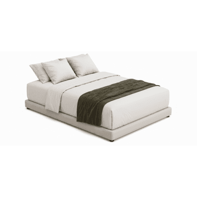 A modern platform bed featuring a low-profile, upholstered frame in a light neutral tone. The bed is topped with a white mattress, white sheets, and two white pillows. A dark olive green throw blanket is draped neatly across the foot of the bed, adding a touch of color contrast. — 3D model (AI enhanced source)