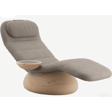 A modern reclining chaise lounge featuring a taupe upholstered seat with integrated padding, a distinct headrest cushion, and a unique light-toned wooden spherical swivel base. An integrated wooden cup holder/storage bowl is present on the side, supported by a metal bracket. — 3D model (AI enhanced source)