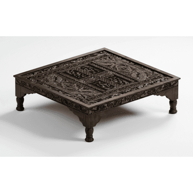 A square, low-profile coffee table crafted from dark wood, featuring extensive, intricate hand-carved details across its entire top surface and side aprons. The table is supported by four short, turned legs. — 3D model (AI enhanced source)