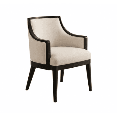 An elegant upholstered armchair featuring a dark wood frame with a light-colored fabric. The chair has a curved backrest that seamlessly integrates with the armrests. It stands on four tapered legs. — 3D model (AI enhanced source)
