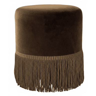 A cylindrical upholstered stool featuring plush brown velvet upholstery and a decorative fringe around its base. — 3D model (AI enhanced source)