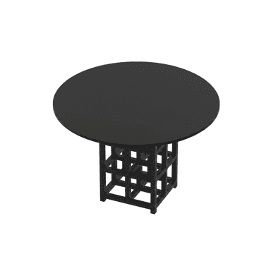 A round, matte black table featuring a distinctive sculptural pedestal base composed of interconnected square frames, presenting a modern and monolithic aesthetic. — 3D model (AI enhanced source)