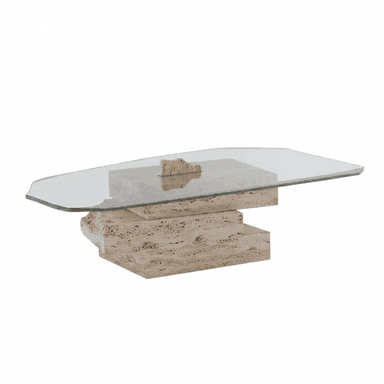 A postmodern coffee table featuring an irregular-shaped glass top supported by a stacked, multi-level base constructed from natural, rough-hewn travertine blocks. The base comprises several geometric and organic stone elements, creating a sculptural and robust foundation for the transparent tabletop. — 3D model (AI enhanced source)