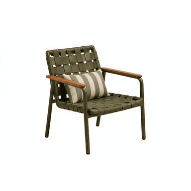 An outdoor lounge armchair featuring a sturdy olive green powder-coated metal frame. The seat and backrest are constructed from broad, interwoven olive green synthetic straps, providing a comfortable and breathable surface. The armrests are adorned with smooth, light-colored wooden overlays, offering a warm contrast. An accent lumbar pillow with green and off-white stripes is included, resting on the chair's back. — 3D model (AI enhanced source)