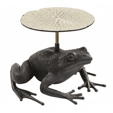 A whimsical accent table featuring a dark bronze-finished frog as its base, supporting a textured, round, light-colored top designed to resemble a lily pad, connected by a brass stem. — 3D model (AI enhanced source)