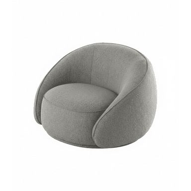 A contemporary lounge chair featuring a soft, rounded, and inviting silhouette, fully upholstered in a textured grey fabric. The chair has a low profile with integrated armrests and backrest forming a continuous, curving shell. — 3D model (AI enhanced source)