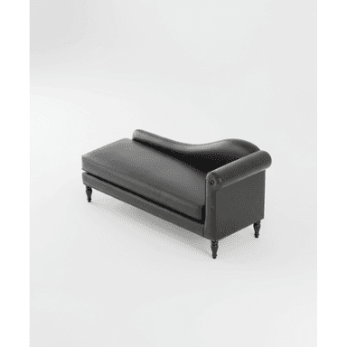A traditional black leather chaise lounge featuring classic design elements such as a rolled arm, curved backrest, and nailhead trim. — 3D model (AI enhanced source)