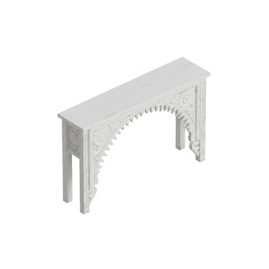 A long, narrow console table, painted white, featuring intricate hand-carved floral and architectural motifs, most notably a central arched design with scalloped edges. It has a flat rectangular top and two front legs supporting the heavily carved facade. — 3D model (AI enhanced source)