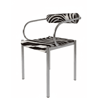 A modern armchair with a chrome-plated tubular metal frame. The seat and backrest are upholstered in fabric with a black and white zebra print pattern. The armrests are formed by curved tubular metal that extends upwards and backwards, supporting a cylindrical, upholstered headrest. — 3D model (AI enhanced source)