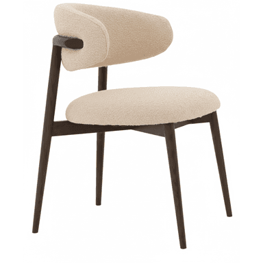A contemporary lounge chair featuring a dark-stained wooden frame and light cream boucle upholstery. It has a distinctive curved backrest that subtly integrates into arm-like supports, and a comfortably padded seat. The chair stands on four slender, tapered wooden legs. — 3D model (AI enhanced source)