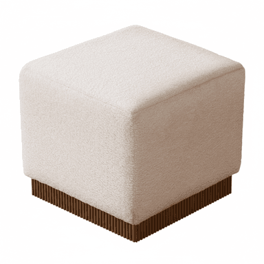 A square upholstered ottoman with gently rounded top edges, covered in an off-white bouclé-textured fabric, and featuring a distinctive fluted dark brown wood base. — 3D model (AI enhanced source)