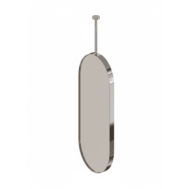 A tall, oval-shaped mirror featuring a polished metal frame, suspended vertically by a slender rod from the top. The design is sleek and minimalist, with smooth, rounded edges. — 3D model (AI enhanced source)